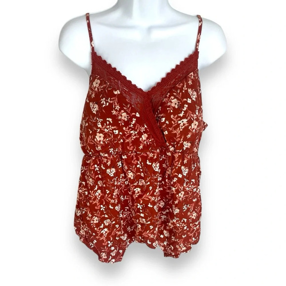 No Boundaries Tops - No Boundaries Rust Floral Lace Trim Cami Top XXL